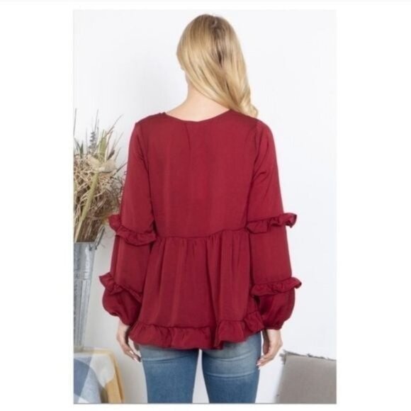 Womens Burgundy Ruffle Hem Button-Down Long Sleeve Peplum Blouse Top-SIZE:MEDIUM - Picture 2 of 7
